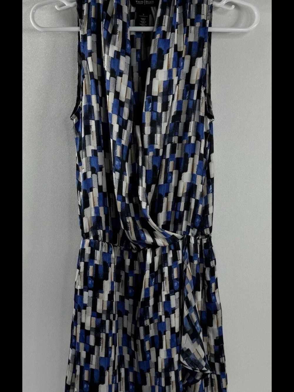 White House Black Market Blue Black White Geometric Sleeveless Wrap Dress